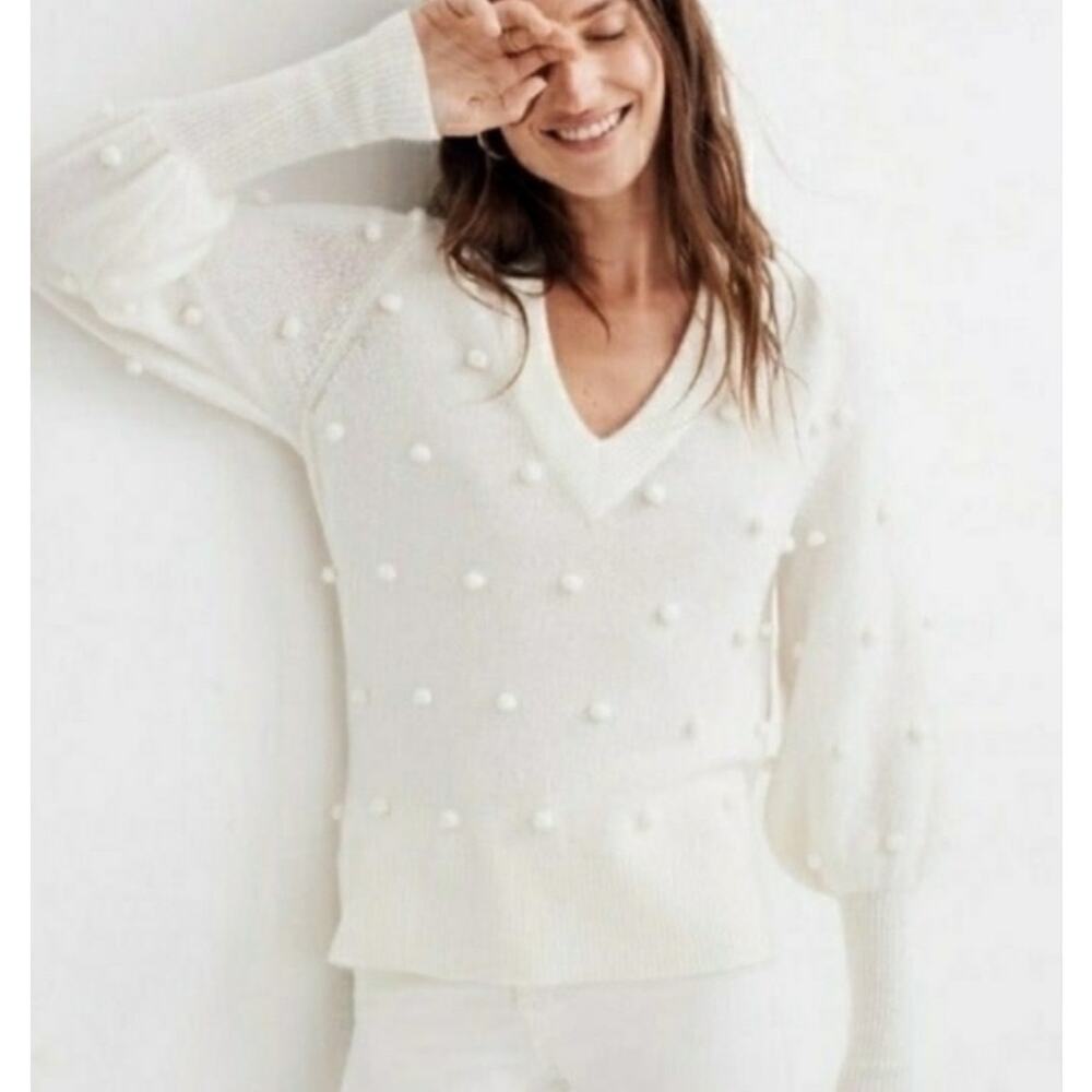 Madewell Cream Pom-Pom Sweater XL V-Neck Merino Wool Blend Cozy Soft Knit Sale!!